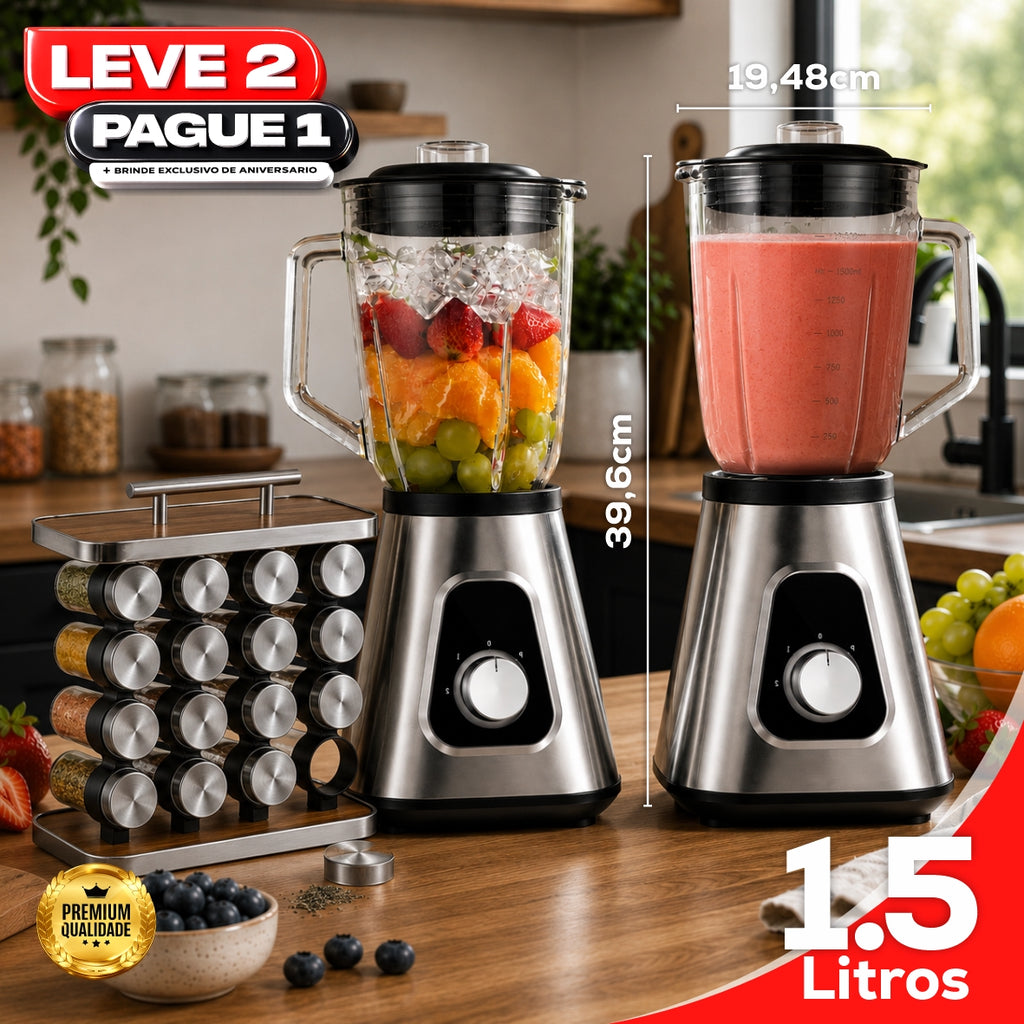 Liquidificador Multiuso 5 em 1 Com 2 Jarras de Vidro + BRINDE: Porta Tempero Vertical 16 Potes - COMPRE 1 LEVE 2
