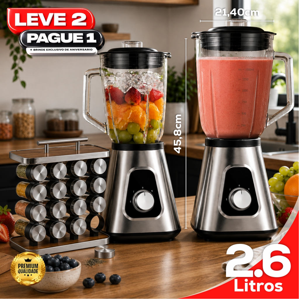 Liquidificador Multiuso 5 em 1 Com 2 Jarras de Vidro + BRINDE: Porta Tempero Vertical 16 Potes - COMPRE 1 LEVE 2