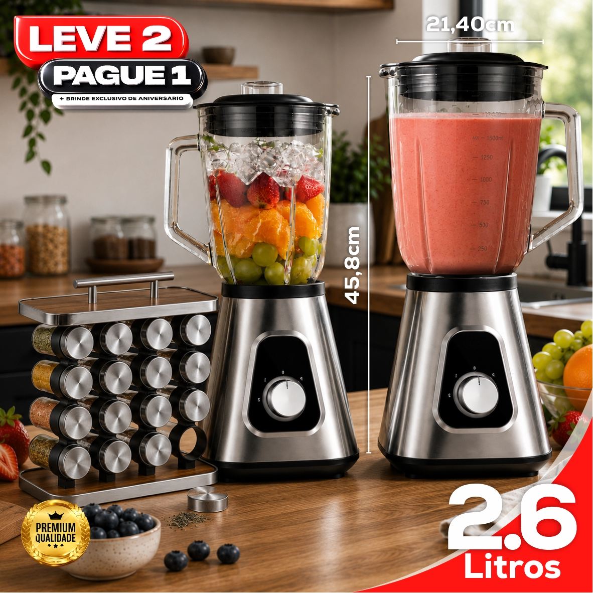 Liquidificador Multiuso 5 em 1 Com 2 Jarras de Vidro + BRINDE: Porta Tempero Vertical 16 Potes - COMPRE 1 LEVE 2