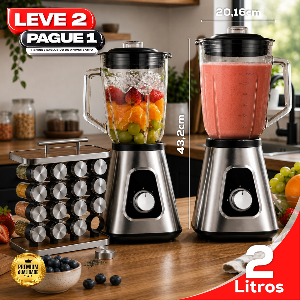 Liquidificador Multiuso 5 em 1 Com 2 Jarras de Vidro + BRINDE: Porta Tempero Vertical 16 Potes - COMPRE 1 LEVE 2