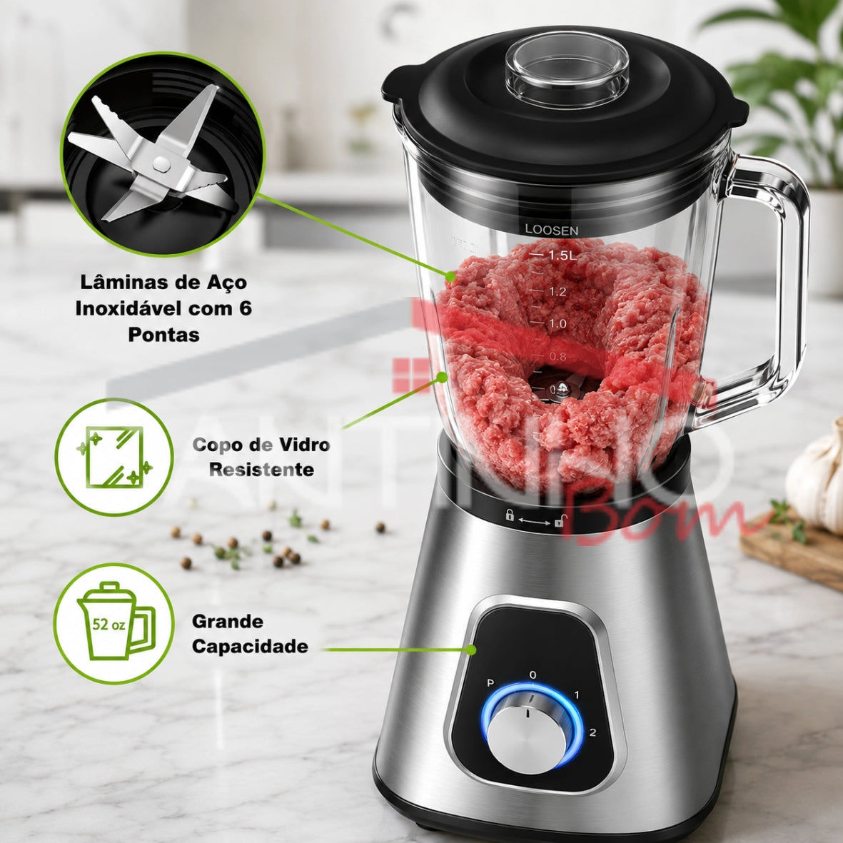 Liquidificador Multiuso 5 em 1 Com 2 Jarras de Vidro + BRINDE: Porta Tempero Vertical 16 Potes - COMPRE 1 LEVE 2