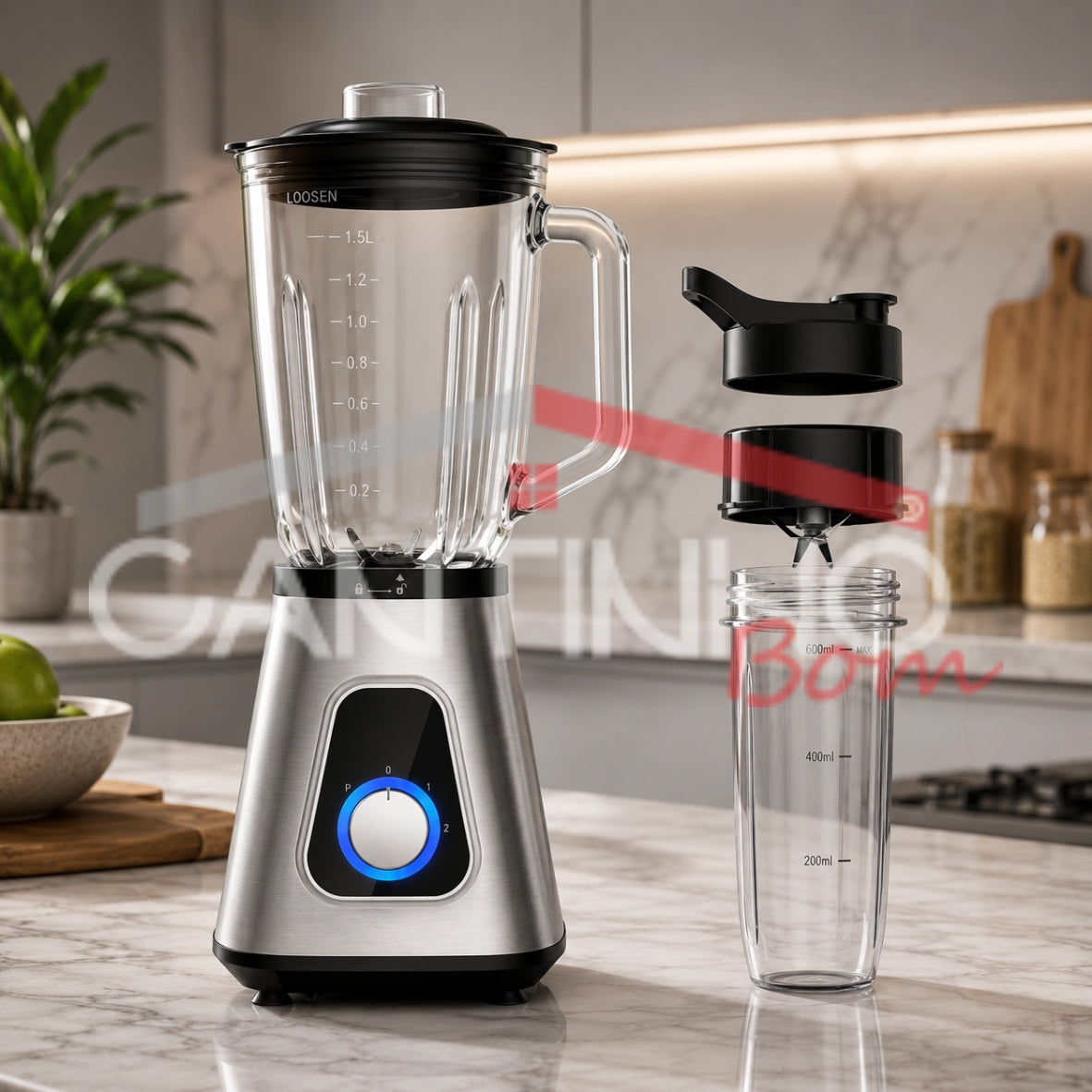 Liquidificador Multiuso 5 em 1 Com 2 Jarras de Vidro + BRINDE: Porta Tempero Vertical 16 Potes - COMPRE 1 LEVE 2
