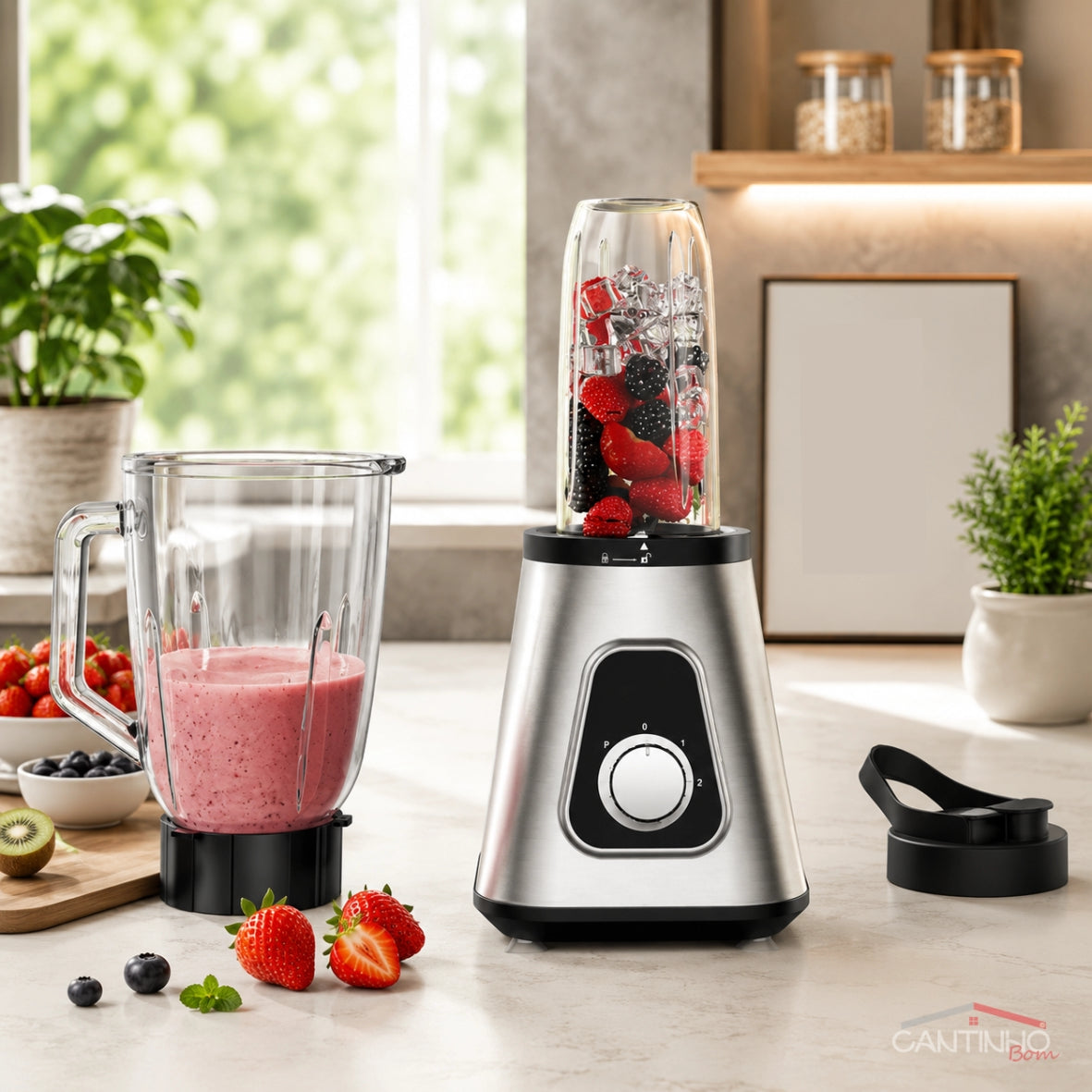 Liquidificador Multiuso 5 em 1 Com 2 Jarras de Vidro + BRINDE: Porta Tempero Vertical 16 Potes - COMPRE 1 LEVE 2