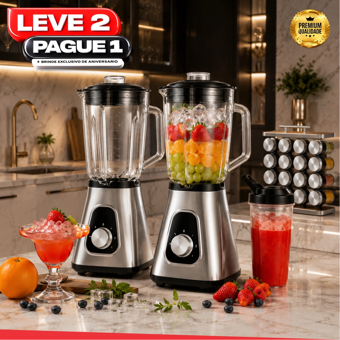 Liquidificador Multiuso 5 em 1 Com 2 Jarras de Vidro + BRINDE: Porta Tempero Vertical 16 Potes - COMPRE 1 LEVE 2